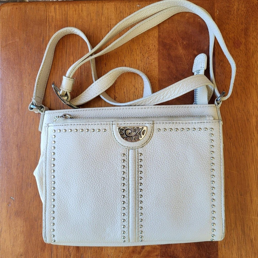 Brighton Cream Pebbled Leather Studded Crossbody Bag Silver Hardware Heart